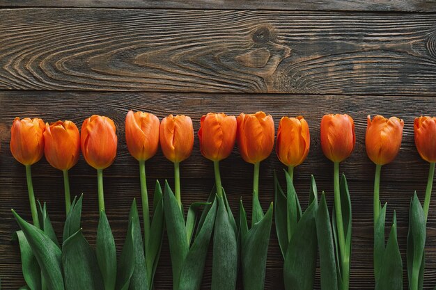 Verse tulpen plat lag op hout achtergrond Stijlvolle wenskaart