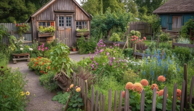 Foto verse veelkleurige bloemen sieren een rustiek huisje in een groen landschap gegenereerd door kunstmatige intelligentie