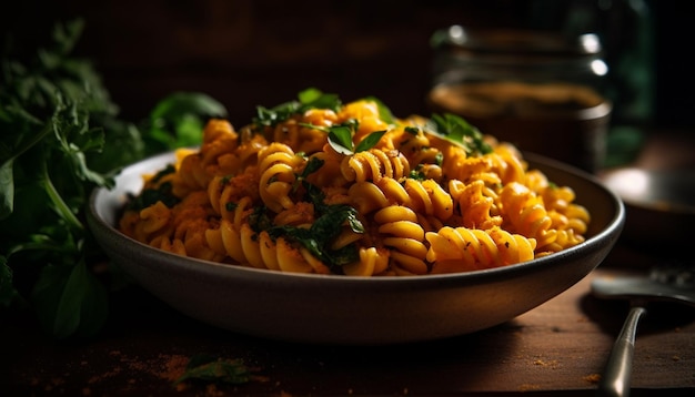 Verse vegetarische pastasalade op rustieke houten plaat gegenereerd door AI