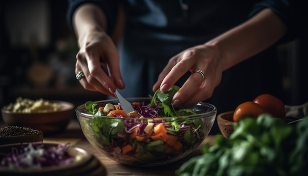 Verse vegetarische saladebereiding op rustieke houten snijplank binnenshuis gegenereerd door kunstmatige intelligentie