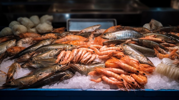 verse vis en garnalen worden op de markt verkocht