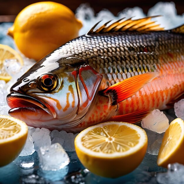Verse vis op ijs met citroen wiggen zeevruchten te koop koud voor versheid