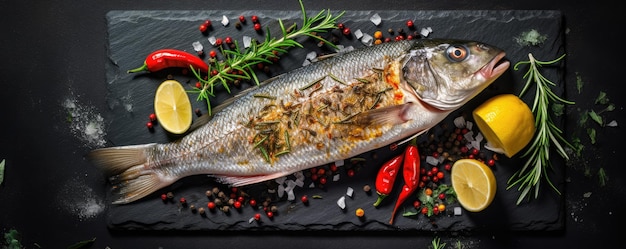 Verse vis zeebaas met specerijen en kruiden op een leisteentafel Generatieve ai