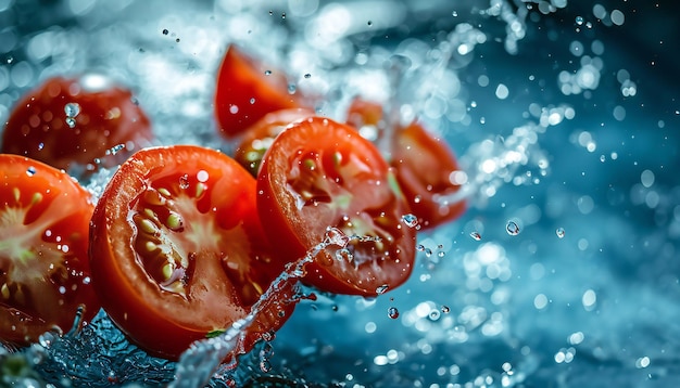 Verse vliegende tomaten met waterstralen op blauwe achtergrond