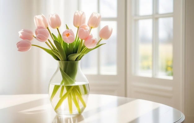 Verse voorjaarsbloemen lichtroze tulpen boeket in glazen vaas op tafel moderne lichte interieur mot