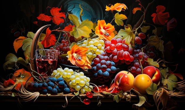 Verse vruchten Kunst te koop Druiven appels peren sinaasappels en een glas wijn