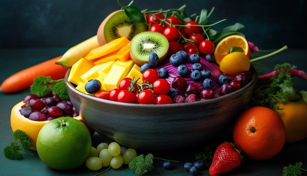 Verse vruchten schaal druiven tomaten oranje aardbeien gegenereerd door AI