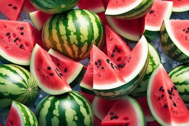 Foto verse watermeloen op ijsblokjes op een geïsoleerde witte achtergrond
