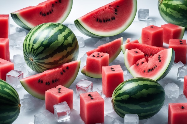 Foto verse watermeloen op ijsblokjes op een geïsoleerde witte achtergrond