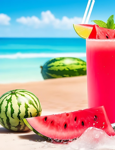 Verse Watermeloen Sap Splash Tropische Scène In Strand