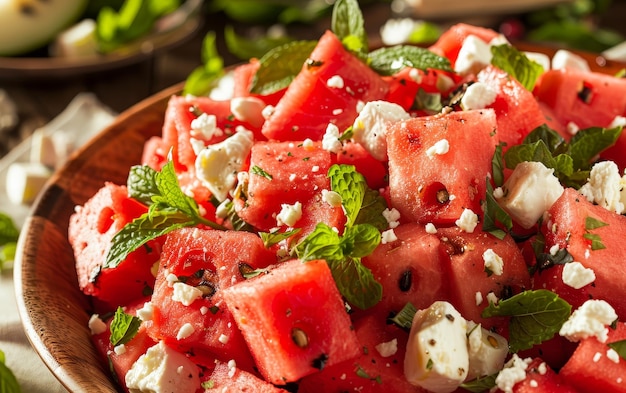 Verse watermeloensalade met feta kaas, munt en peper in een houten schaal een verfrissend zomergerecht