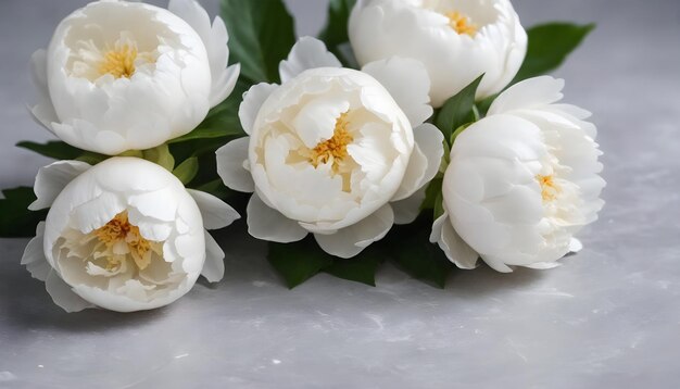 Verse witte pioenbloemen op een lichtgrijze tafel 2