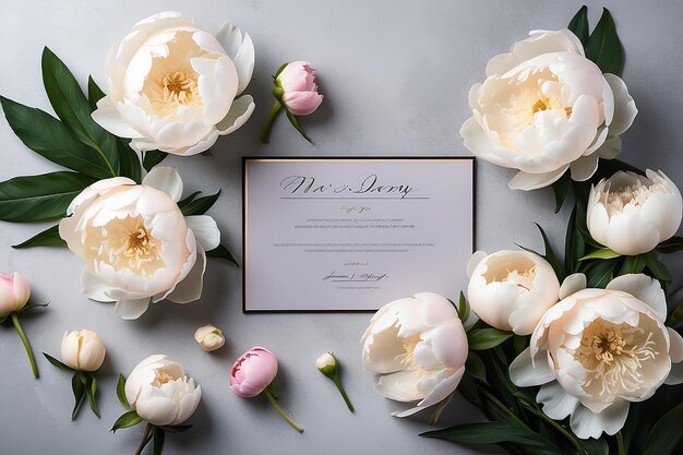 Verse witte pioenbloemen op lichtgrijze achtergrond van de tafel Leegte plaats voor emotionele sentimentele tekst citaten of gezegden Closeup