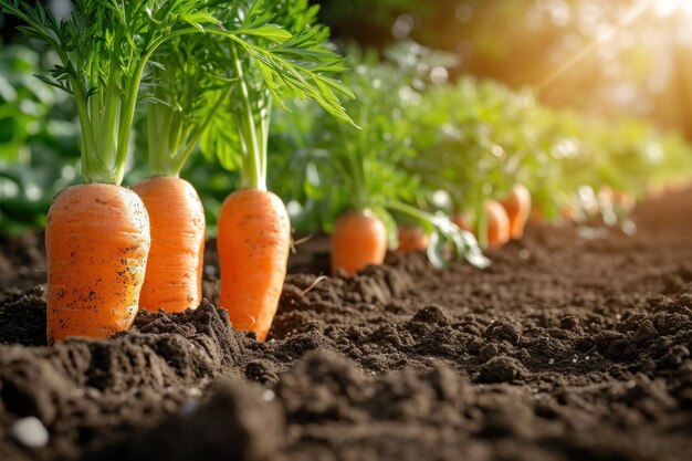 Foto verse wortels groeien in vruchtbare bodem in een biologische tuin tijdens het zomerseizoen