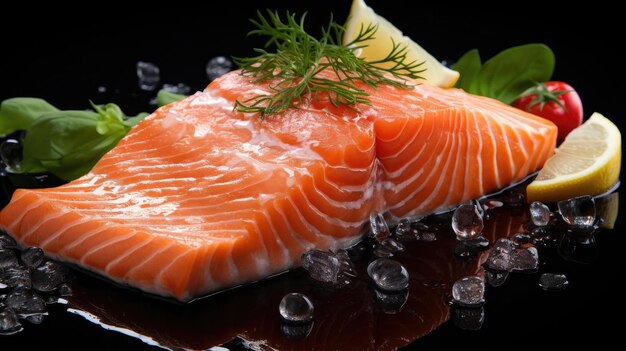 Verse zalm met citroensnijden op een houten tafel met een zwarte en wazige achtergrond.