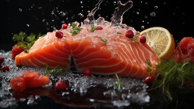 Verse zalm met plakjes citroen op houten tafel zwart en wazige achtergrond