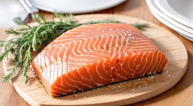 Verse zalm op servietplaat op houten tafel gemarineerde rauwe zalmfilet Verse salm Vis Koken Zeevruchten Generatieve AI