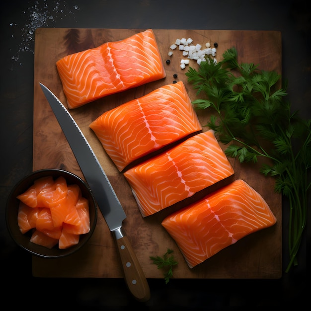 Verse zalm plakjes op de donkere achtergrond