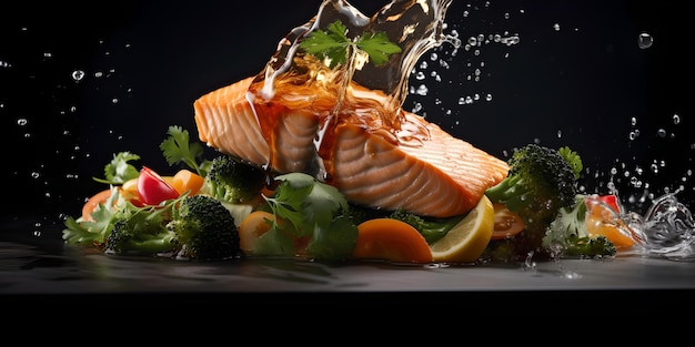 Verse zalmfilet met groenten en opspattend water heerlijk visgerecht culinair genieten in een dynamische keuken AI