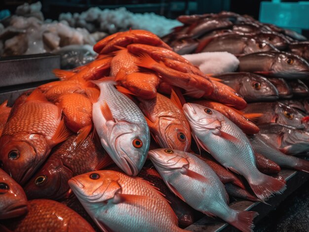 Verse zeevis en zeevruchten op de vismarkt Close-up Bovenaanzicht gemaakt met generatieve AI-technologie