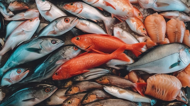 Verse zeevis in levendig bovenaanzicht op de vismarkt Generatieve ai