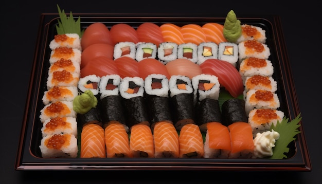 Verse zeevruchtenplaat met maki sushi rollen gegenereerd door AI