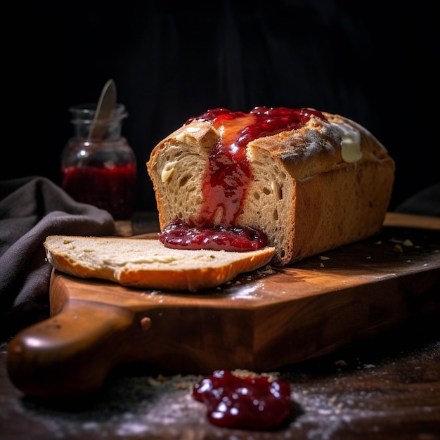 Versgebakken brood met aardbeienjam op een houten plank Selectieve focus