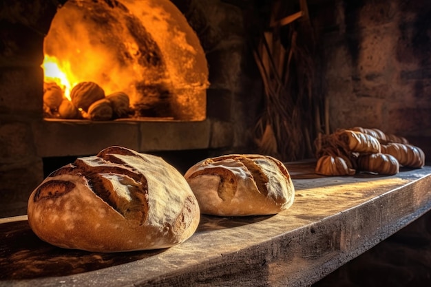 Versgebakken brood op een peddel van een steenoven gemaakt met generatieve AI