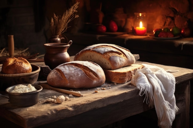 Versgebakken brood op een rustieke houten tafel