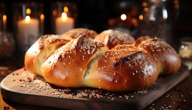 Versgebakken brood op een rustieke tafel klaar om van te genieten, gegenereerd door kunstmatige intelligentie