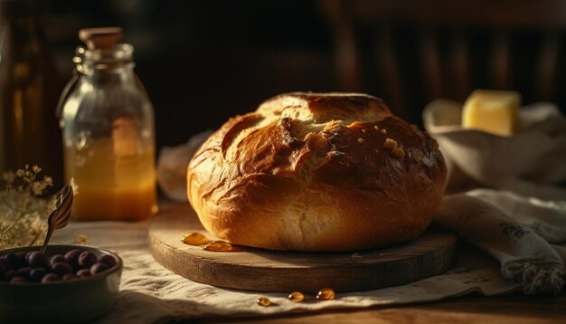 Versgebakken brood op rustieke houten tafel gegenereerd door AI