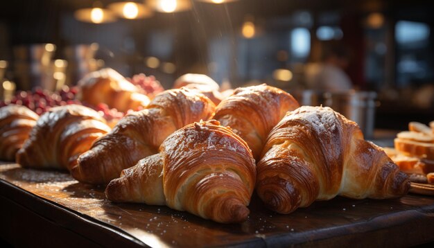 Versgebakken croissant een zoete verwennerij op rustieke houten tafel gegenereerd door kunstmatige intelligentie