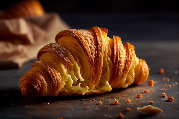 Versgebakken croissant op zwarte achtergrond Generatieve AI