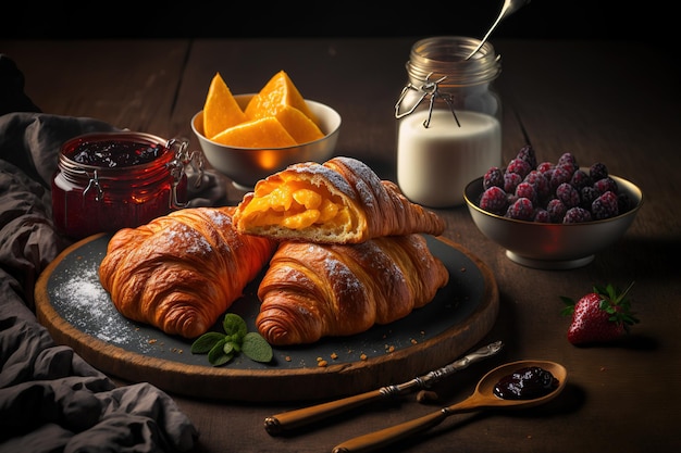 Versgebakken croissants met fruitboter en jam met een donkere houten achtergrond