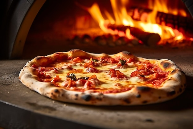 Versgebakken pizza close-up traditionele houtgestookte oven achtergrond