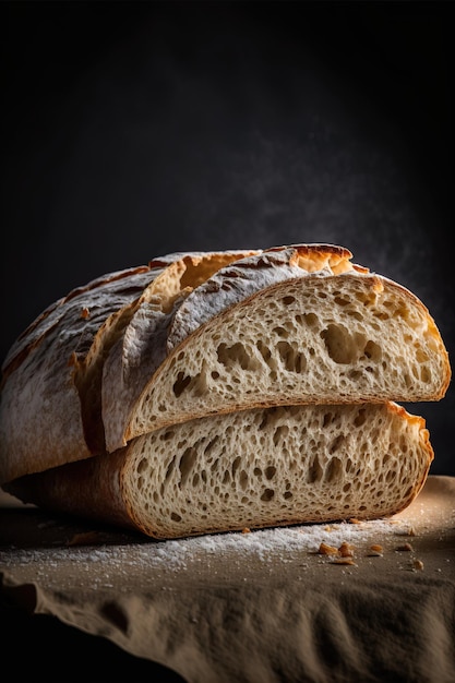 Versgebakken traditioneel brood op een rustieke houten tafel met poederachtig meel dat in de lucht Ai-gen vliegt