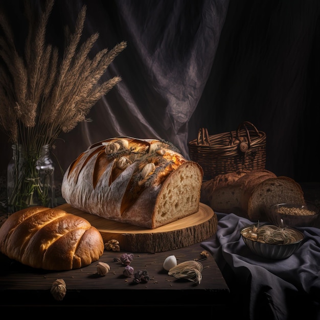 Versgebakken traditioneel brood op een rustieke houten tafel met poederachtig meel dat in de lucht Ai-gen vliegt