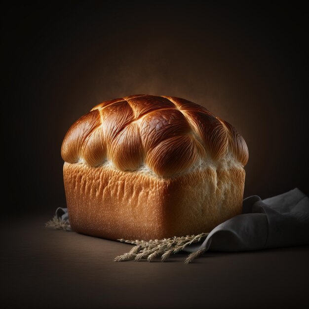 Versgebakken traditioneel brood op een rustieke houten tafel met poederachtig meel dat in de lucht Ai-gen vliegt