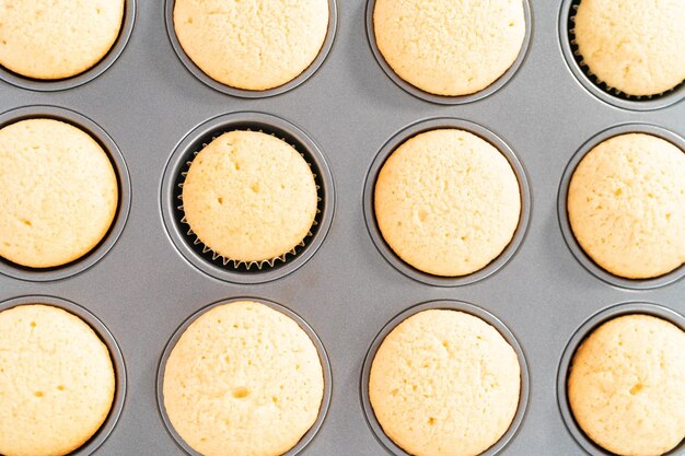 Versgebakken vanille cupcakes koelen op een droogrek.