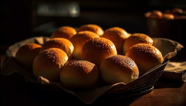 Versgebakken zelfgebakken brood in rustieke mand gegenereerd door AI