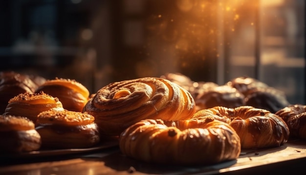 Versgebakken zoete gebakjes op rustieke houten tafel gegenereerd door AI