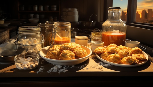 Versheid en gastronomische maaltijd op een houten tafel in de keuken gegenereerd door kunstmatige intelligentie