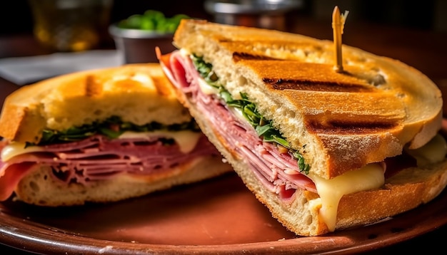 Foto versheid en gourmet maaltijd gegrilde vleesbroodje op geroosterd brood gegenereerd door ai