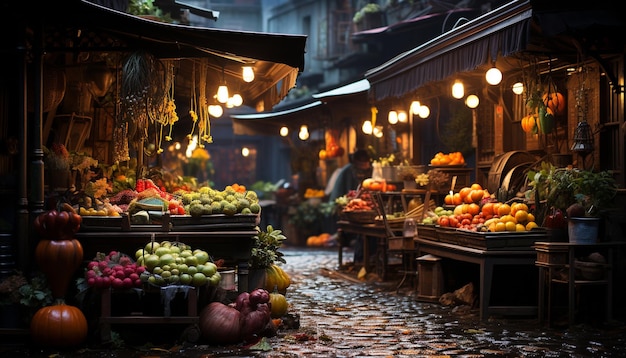 Versheid en overvloed op de herfstmarkt waar biologisch fruit wordt verkocht dat is gegenereerd door kunstmatige intelligentie