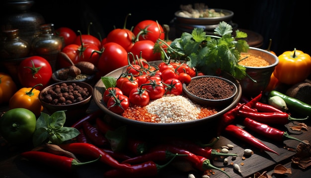 Versheid en pit in een gezonde vegetarische maaltijd op houten tafel gegenereerd door kunstmatige intelligentie