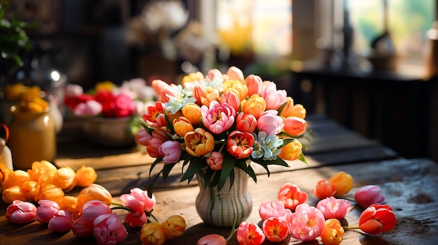 Versheid en schoonheid in de natuur een boeket kleurrijke tulpen