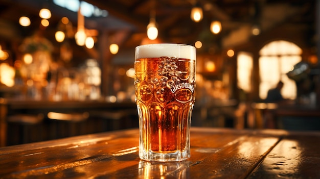 Versheid en schuimige drank in een pintglas in een rustieke pub