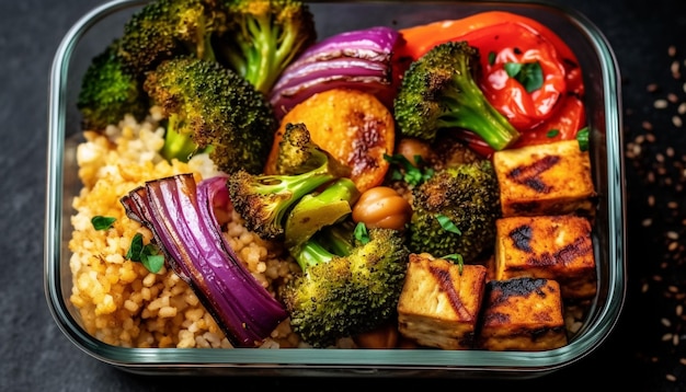 Foto versheid en variatie op een bord gezonde gastronomische vegetarische maaltijd gegenereerd door kunstmatige intelligentie