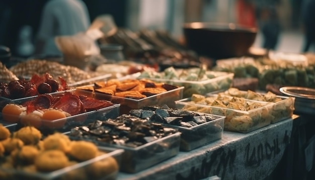 Foto versheid en verscheidenheid van gourmetvoedsel op de biologische markt gegenereerd door ai