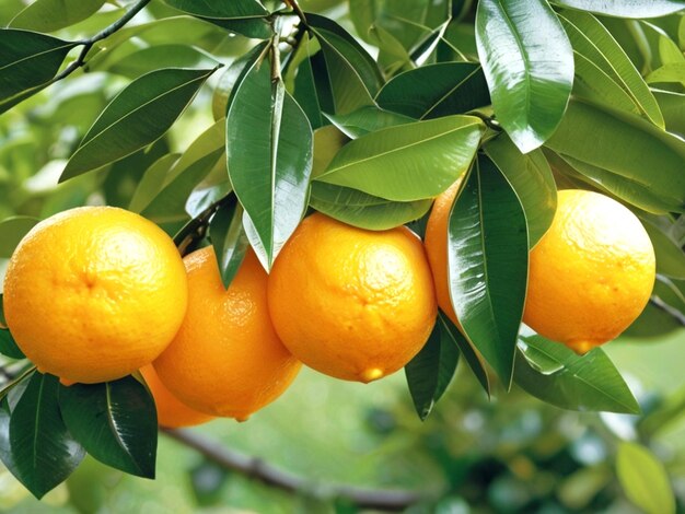 Foto versheid glinsterend van de natuur rijpe citrusvruchten op een groene boom